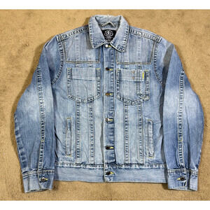 Monte Carlo Polo Jockey Club Jean Jacket Mens Large Blue Denim Fading L